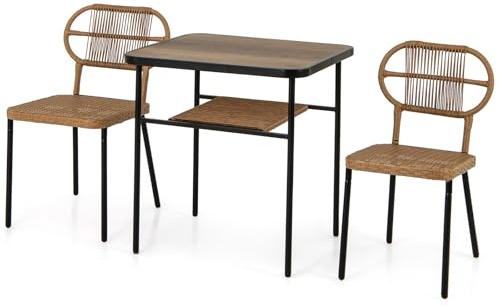GIANTEX Juego de Muebles de Comedor para 2 Personas, Mesa de Comedor con Estante, 2 Sillas de Diferentes Tamaños, Juego de Bistró Compacto para Balcón, Cocina, Jardín