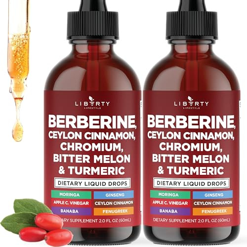 Berberine with Ceylon Cinnamon Supplement Liquid Drops + Bitter Melon Extract, Glucomannan, Gymnema, Chromium, Turmeric, Panax Ginseng, Moringa- 4 OZ