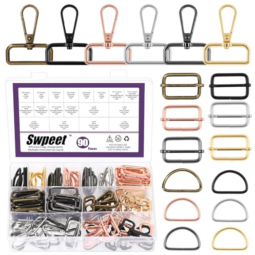 Swpeet 90 st 6 färger 32 mm metall D-ring och rektangel justerare triglides glidspänne & D-ring svängbart hummerlås, halvcirkulära D-ringar rullstift spännen svängbar snäppkrok för bälte gör-det-själv