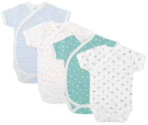BABIDU | Pack 4 Bodys Bebé Abertura Hombro Manga Corta Algodón 100% Suave Transpirable, Body Recién Nacido Unisex Primera Puesta Niño y Niña, Ideal para Uso Diario y Piel Sensible