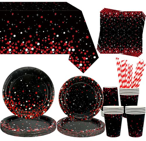 Obussgar Decorazione per feste di compleanno, colore rosso e nero, include piatti, bicchieri, tovaglioli, tovaglie, cannucce, per 20 persone