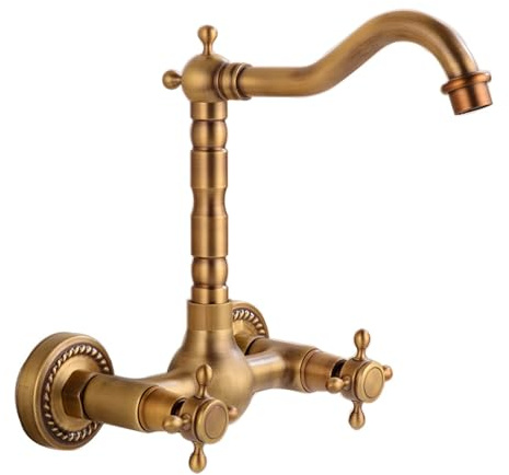 Vintage Kitchen Wall Mounted Bathroom Faucet Swivel Kitchen Mixer Tap Vintage Brass Double Handles,Antique,Large