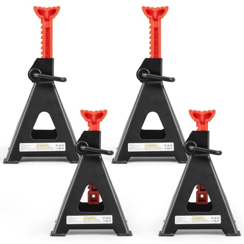 GOPLUS Juego de 2 Caballetes de Apoyo 12T, Soportes para Automóviles con Altura Ajustable 48,5-73 cm, Proceso de Soldadura Fluida, 4 Patas Triangulares Amplias, Soportes para Eje, para SUV