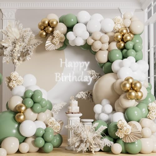AULE Kit Arco Globos Verde Salvia: 155 Piezas Dorados Blancos Guirnalda