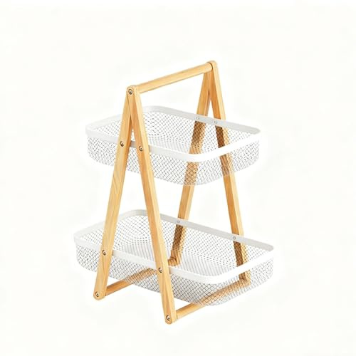 Uwenkjie 2-Tier Fruit Vegetable Basket with Wooden Handles, Sturdy Kitchen Organizer Storage Rack for Countertop Dining Room（White）