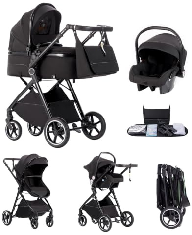 Kakbgee 3 in 1 Kinderwagen mit Babyschale, Buggy 7-Höhenverstellbarer Griff | Faltbar Buggy, 4-Rad Federung, Regenschutz, Moskitonetz, Kombikinderwagen für Neugeborene 0-3 Jahre (15kg), Schwarz