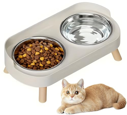 2 Stück Katzennapf - Erhöhter Katzen Napfset Edelstahl Doppelt Katzennäpfe mit Ständer und Spritzschutz rutschfeste Fressnapf Katze Napf - Futternapf Wassernapf Set für Katzen und Kleine Hunde, Weiß