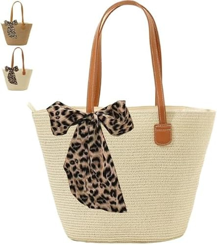 LUKIUP Stroh Handtasche, Strandtasche Groß Damen, Tasche Umhängetasche Strandtasche, Ledergriffen und Reißverschluss, Korbtasche für Strand, Reisen, Urlaub, Shopping