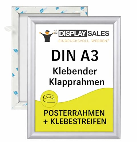 DISPLAY SALES Klapprahmen Aluminium selbstklebend A3 | Rahmen ohne Bohren | Posterrahmen Werberahmen mit Klapptechnik für Werbung, Infos & Poster in schwarz und silber