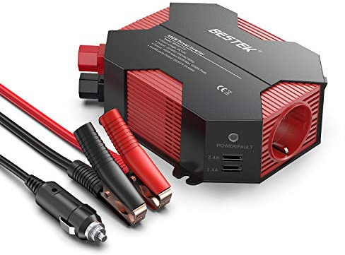 BESTEK Inverter da Auto 12V a 220V 400W, Trasformatore 12V a 220V con 4 Porte USB 1 Presa Schuko, Pinza per Batteria & Adattatore per Accendisigari - Onda Modificata