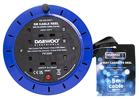 Daewoo Extension Reel, Cassette Reel, 4 Gang, 5 Metre, Black And Blue