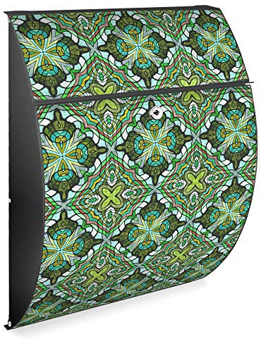 banjado Design Briefkasten - Modell Riviera 46x33,5x13cm groß - verzinkter Stahl anthrazit - Postkasten Öffnungsstopp großer A4 Einwurf Zylinderschloss 2 Schlüssel - Motiv Grünes Muster