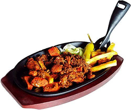 Kens Holm Sizzler Pre-Seasoned Cast iron Hot Serving Dish & Wooden Stand - 9.5x5.5 (241 x 140 mm) -& Board size 30x14.7cm Create that authentic feel, serve your dishes sizzling at the table!, (1)
