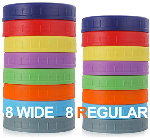 AOZITA 16 Pack Plastic Mason Jar Lids Fits Ball, Kerr & More - 8 Wide Mouth & 8 Regular Mouth - Colored Storage Caps for Canning Jars, Dishwasher Safe & Food Grade & Leakproof