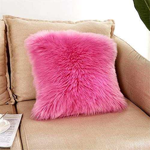 Nicole Knupfer Doppelseitig Schaffell Lammfell Zierkissenbezüge Dekokissen Kunstfell Langhaar Zierkissenbezug Fellimitat Kissenbezug für Sofa Schlafzimmer Auto (Rose Red,50 * 50CM)