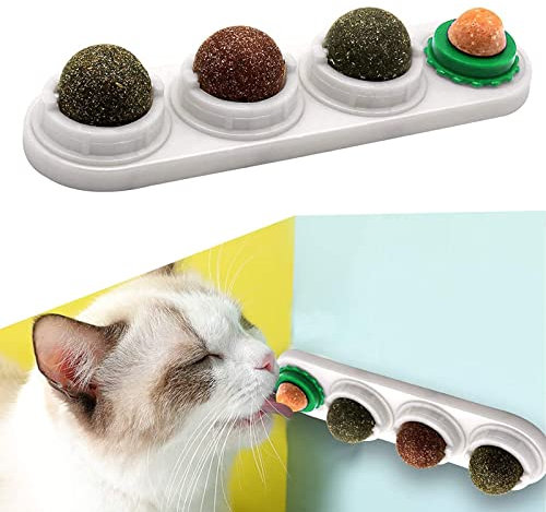 Cat Snack Candy, Cat Licking Toys Molar Zahnung Snack Spielzeug mit Solid Candy Ball, Selbstklebend Katzenminze Essbar Wand Ball für Katzen Reinigung Zähne und Schutz des Bauches