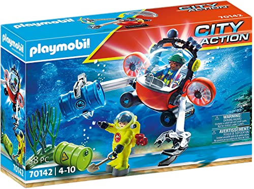 PLAYMOBIL City Action 70142 Environmental Expedition with Dive Boat, Diving Robot can Swim and Dive, Toy for Children Ages 4+
