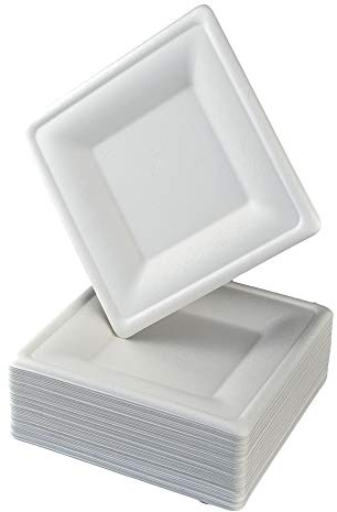 50 platos llanos cuadrados grandes de 26 x 26 cm, biodegradables (aptos solo para calentar en microondas), ideales para alimentos calientes y fríos para servir aperitivos, sushi, verduras, quesos y