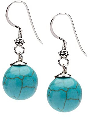 Damen-Ohrringe aus Sterlingsilber mit natürlichen Edelsteinen, 12 mm, Kugelperlen, Handgefertigt Baumelnde Ohrringe (Blau türkis)