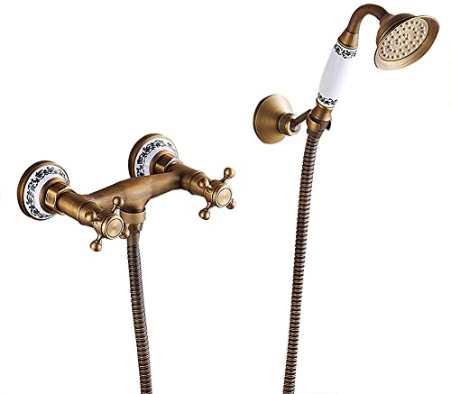 Grifo Bañera Con Alcachofa De Mano Mezclador De Bañera De Negro Latón Montaje En Pared, Incluye Soporte Y Manguera De 150 Cm, Dos Asas Grifo De Ducha, Antiguo
