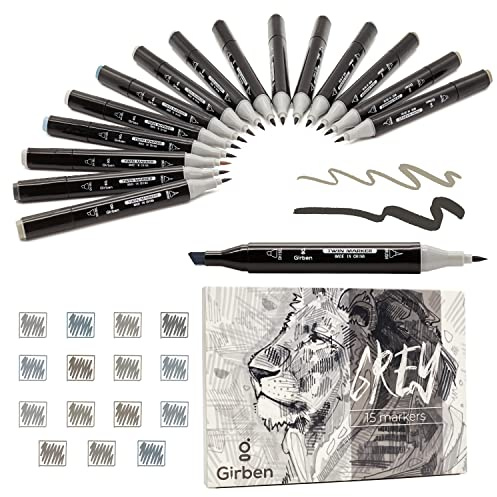 Girben Set Grey Pennarelli ad Alcool – 15 Toni di Grigio Freddi e Caldi, Marker Professionali Brush & Scalpello per Ombre, Sketch, Manga, Illustrazione – Idea Regalo Creativa
