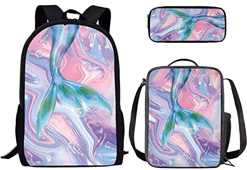 Binienty Rucksack für Jungen und Mädchen, modisches Büchertaschen-Set mit Lunchtasche und Federmäppchen für Grundschul, Kindertaschen, Reise-Rucksack, Mermaid Scale-7, Einheitsgröße