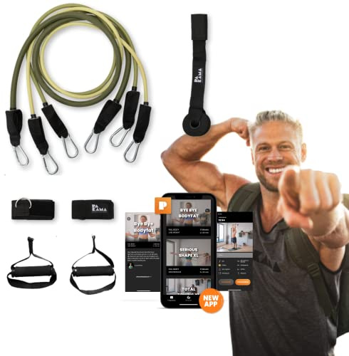 PAKAMA - Premium Widerstandsbänder (inkl. App) mit Stange oder Griffe für Home Workout & Krafttraining Zuhause - Extrem Resistance Bands 4,5kg - 24kg - Fitness-Bänder für bis zu 220kg Widerstand