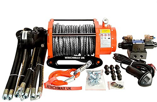 WINCHMAX Cabrestante hidráulico de 10000 LB (4536 kg). Cuerda Dyneema de 25 m x 10 mm. Gancho de competición. Sistema de Control de 24 V.