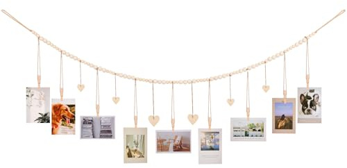 KLOGTSIND Hanging Photo Display with Clips, 9 Wood Clips, Boho Picture Frames Collage Wall Decor, Photo Hanger for Office Cubicle Decor, Kids Art Display (1)