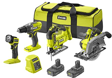 RYOBI - Combo 4 outils : perceuse-visseuse + scie sauteuse + scie circulaire + lampe de poche LED + 2 batteries lithium+ 2,0 Ah + 1 chargeur 1,5A - Livré dans 1 grand sac de transport - RCK184D-220S