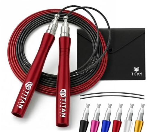 Titan Armour® Premium-Springseil für Erwachsene, selbstsichernd, verstellbar, 2 x Stahlseile, Kabelschutz und Reiseetui, Profi-Springseil: Fitness, Crossfit, Boxen, MMA