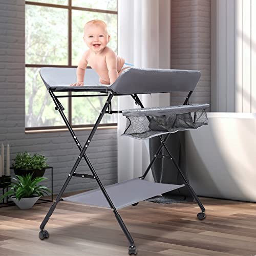 Baby Wickeltisch Wickelkombi Mobile Wickeltisch Klappbar Wickelkommode mit Wickelauflage Sicherheitsgurt und Ablagefächern, Rad Platzsparend & Stabil