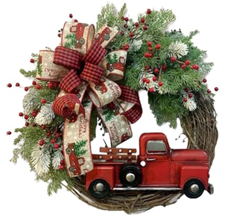 Hanabitx Roter LKW-Weihnachtskranz aus Holz, Vintage-Dekoration, Weihnachtskranz zum Aufhängen, Dekoration für Herbsternte, Erntedankfest, 1 Stück