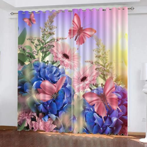 GIOVIA 3D Schmetterling Gardinen Abdunkelnde Frühling Blumen Kindervorhänge Vorhang mit ösen 2er Set Vorhänge Blickdicht Verdunkelungs für Kinderzimmer Schlafzimmer Wohnzimmer B 140 X H 160 cm