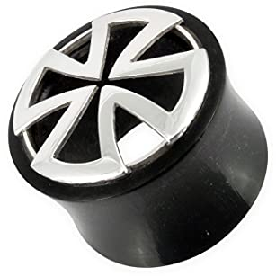 Fly Style Piercing Ohr Tunnel Plug Horn und 925 Silber - Ohr Piercings - Eisernes Kreuz Horn Tunnel, Grösse:18 mm (Paar)
