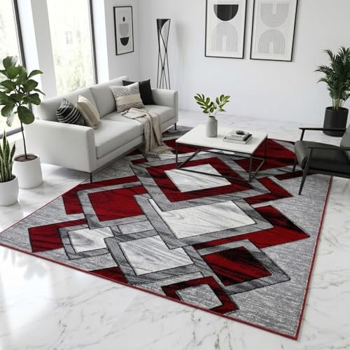 PHP Modern Rugs for Living Room Dining Rooms Bedrooms and Office Carpet Floor Rug - Super Soft Abstract Design High Weight Thick Carpet Rugs - Red, 120 x 170cm