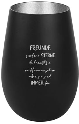 Der-Porzellan-Laden Windlicht mit Gravur Freunde sind wie Sterne | Schwarz Silber, Teelichthalter aus Glas mit Spruch, Tischdeko modern