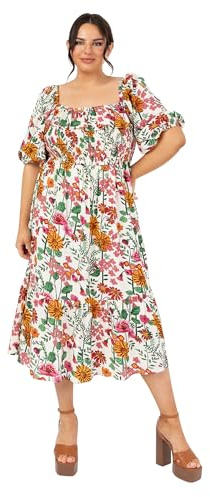 Lovedrobe Dam midi dam kort puffärmar fyrkantig halslinje blommig ruffle frill tröja A-linje milkmaid sommar smock klänning, Ivory blommigt tryck, 42