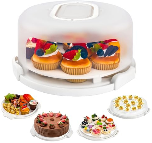NPLUX White Cake Containers with Lids Round Plastic Cupcake Holders 4-in-1 Multipurpose Cake Carrier Holder for 11 Inch Cake Pies Cupcake Eggs Fruit or Snack Transport