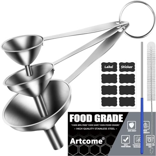 Artcome Juego de 3 embudos de cocina de acero inoxidable con mango largo, embudo de metal 3 en 1 de grado alimenticio para transferir líquidos, polvos y partículas, embudos dispensadores, mini