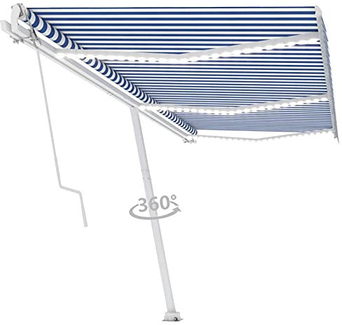 Homgoday Tenda da sole automatica con sensore a LED e vento, con braccio snodato, tenda da sole, con manovella, altezza e angolo regolabile, 600 x 300 cm, blu e bianco
