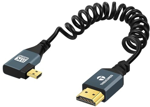 Thsucords Cable en Espiral 8K Micro HDMI a HDMI, 90 Grados ángulo Izquierdo, Cable en Espiral de HDMI a Micro HDMI Macho a Macho, Compatible con 8K @60Hz 4K @120Hz 48Gbps para GoPro(90cm)