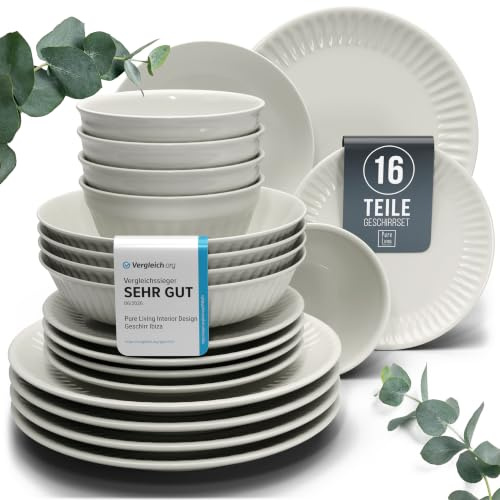 Steingut Geschirrset 4 Personen Hygge 16 tlg. TESTSIEGER, Traumhaftes Skandinavisches Steingut Geschirr Set, Schüssel- und Teller Set, Tafelservice 4 Personen, Geschirrsets Pure Living in Beige