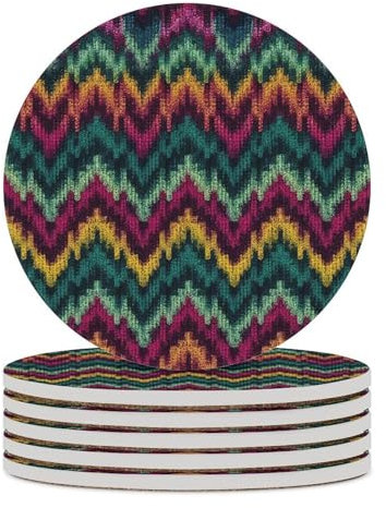 Keramik-Untersetzer, 6er-Set, Tischschutzmatte, Tisch-, Kaffeetassen-, Getränkeuntersetzer, saugfähig, rund, Keramik-Stein-Untersetzer mit Korkboden, buntes Strickmuster, bedruckte Untersetzer für