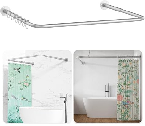 L Shaped/U Shaped Shower Curtain Rail, [60-92]X[78-198]X[60-92]cm Adjustable Shower Curtain Pole, Wall Mounted Curved Shower Rail With 12 Rings & Ceiling Support For Bathroom Bathtubs, Need Drilling