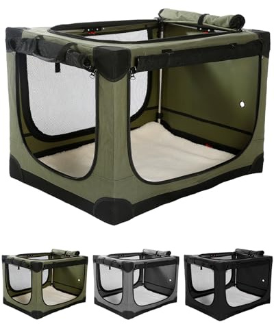 derimkcoa 83 * 64 * 64CM Hundebox faltbar, Hundetransportbox Auto für mittelgroße bis große Hunde bis 27 kg, tragbare Soft-Hundebox mit reißfesten Netzfenstern, Plüschmatte und Tragetasche,Grün