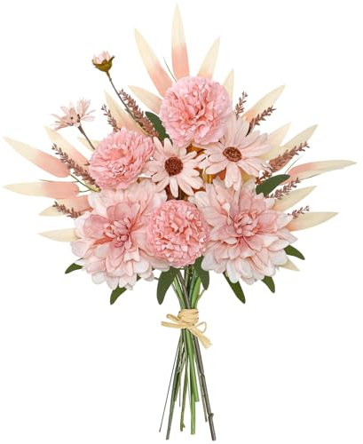 DEMIUKO Kunstblumen Rosa Dahlien Pflanzen Künstliche Blumen Seiden Blumenstrauß Peonien Blumendekor Unecht Brautstrauß Blumenarrangements Gänseblümchen Deko für Hochzeit Zuhause Büro Zimmerdeko