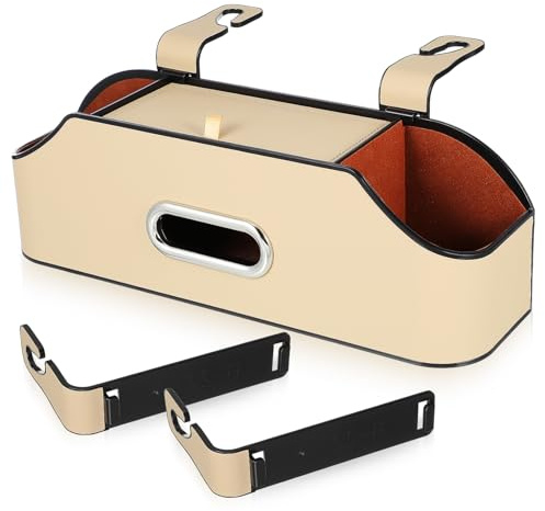 SWOOMEY Caja de Pañuelos para Coche Doble Portavasos, Piel Artificial Beige, Revestimiento Interior Suave y Diseño Sencillo para Organizar el Interior del Automóvil