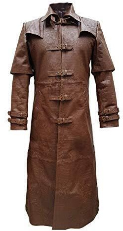 Men’s Brown Leather Crocodile Print Trench Coat – Gothic Matrix Steampunk Vintage Fashion Duster Jacket (UK, Alpha, 5XL, Regular, Regular, Brown Crocodile Print)