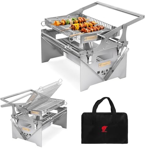 BiggerFire Griglia girevole a 360° in acciaio inox, portatile per campeggio e barbecue a carbone, griglia rimovibile per picnic, cortile e feste